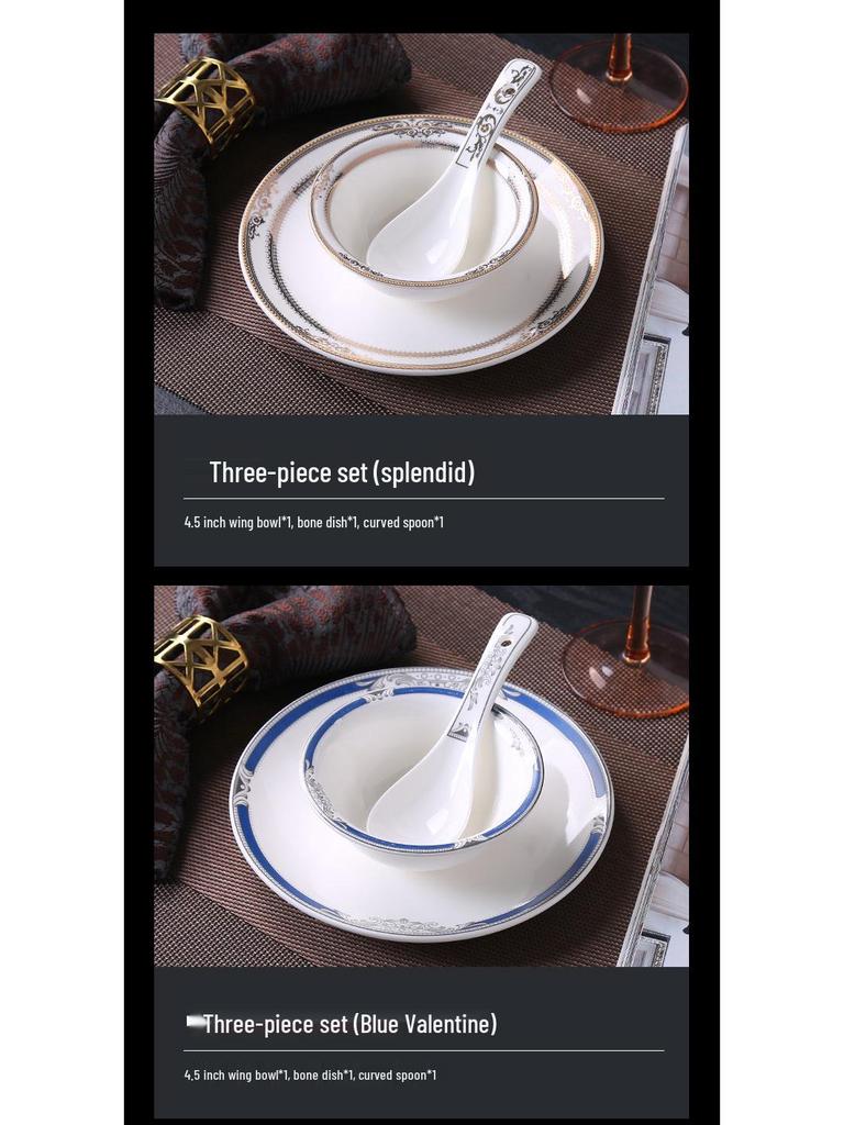 High-End Chinese Style Ceramic Tableware Set: 3-Piece or 4-Piece with Bowls, Plates, and Dishes for Restaurants and Clubs