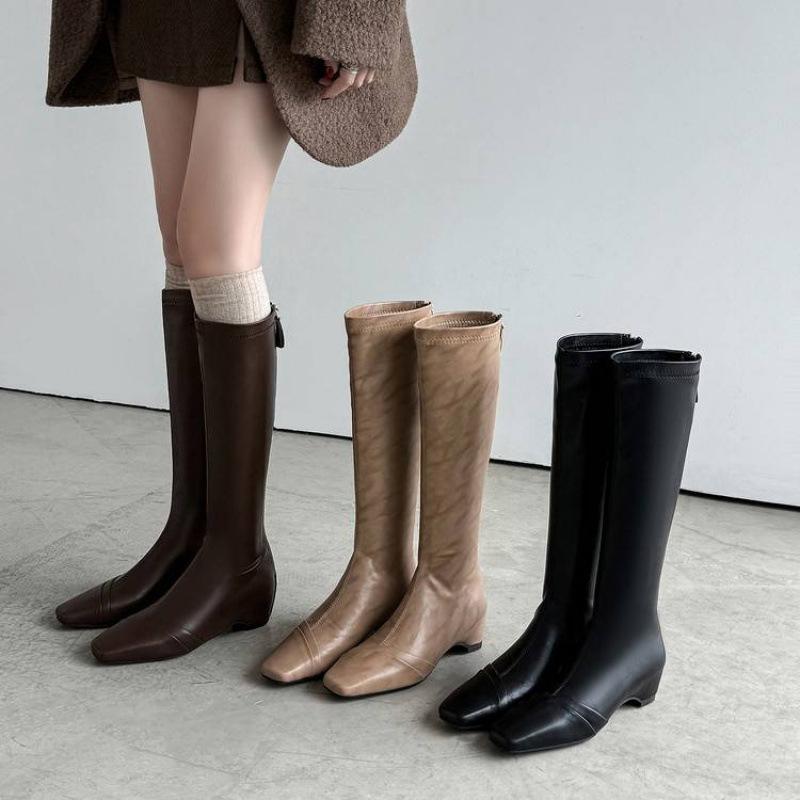 Autumn and winter leather Martin boots solid color versatile low heel square heel large size women's boots cowhide square head new high boots women