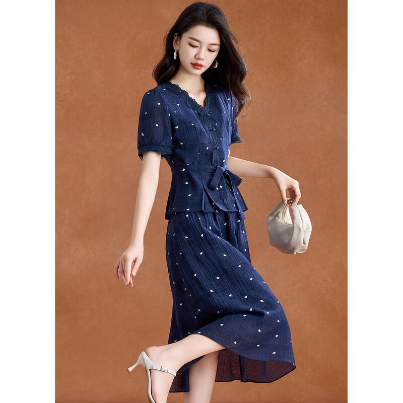 Elegant Lyocell V-Neck Lace Two-Piece Skirt Set 3XL