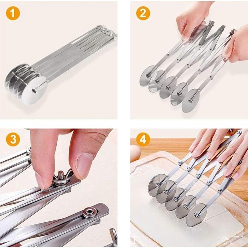 SUPER TRENDS 5-Wheel Professional Retractable Cutter, Stainless Steel Dough Cutter for Cookies, Ravioli and Pastry, Silver, 24.8x5.2x5.3 Cm