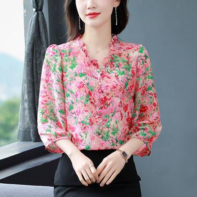 Camisa de chiffon de manga nove quartos feminina, blusa de fundo solto para mãe, top floral M-4XL