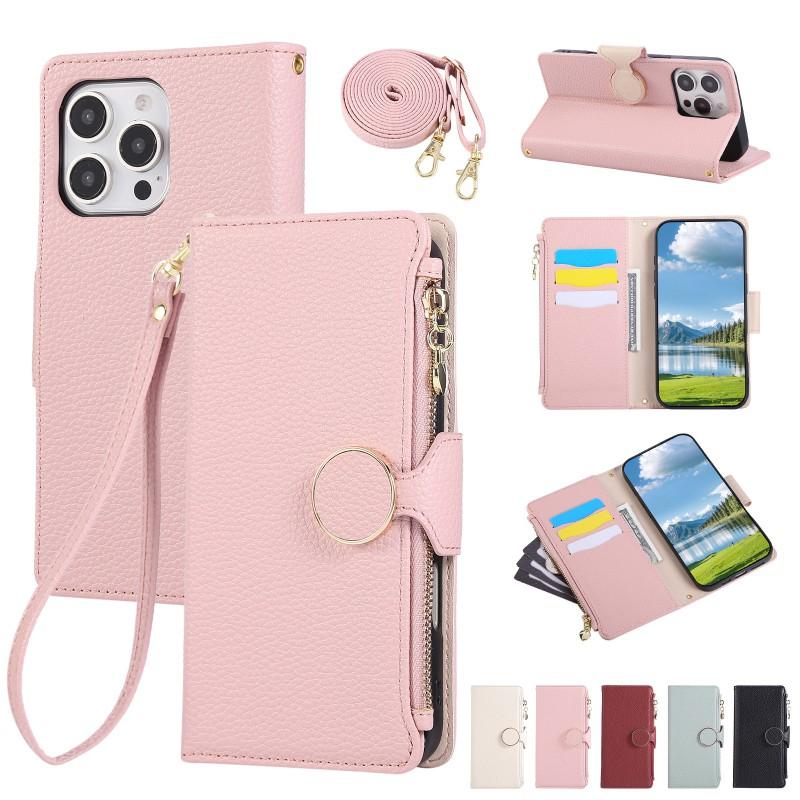 SlimPU Leather Card Slot Phone Case IPhone 16 Pro With Wrist Strap Multi-Function Wallet Cover