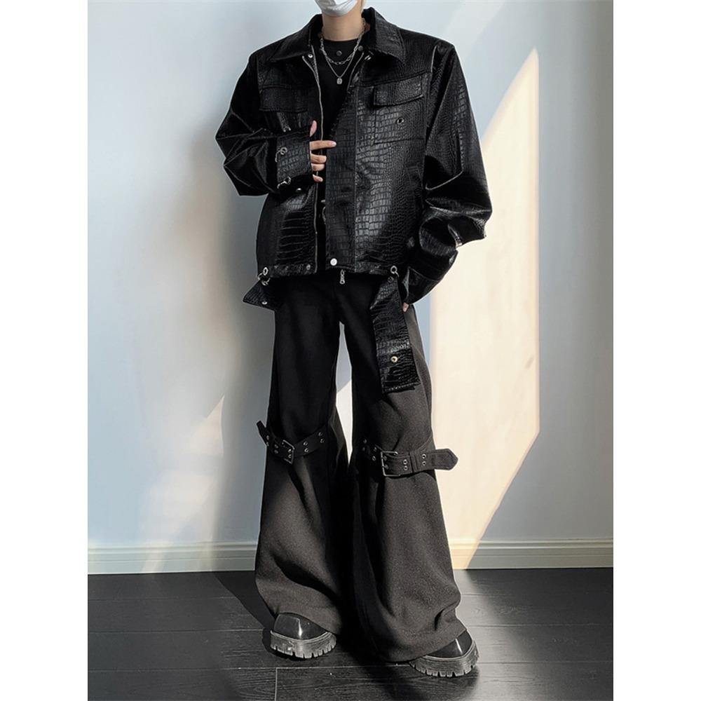 Crocodile pattern shoulder padded leather jacket design sense niche European and American hiphop jacket men's fashion high sense retro top