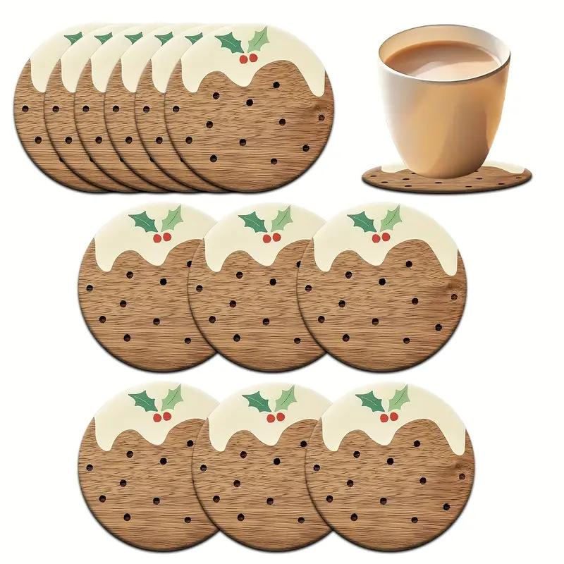 6-piece Christmas Pudding Wooden Coasters, Custom Wooden Coasters for Home, Office, Cafe, Tea Room Decor
