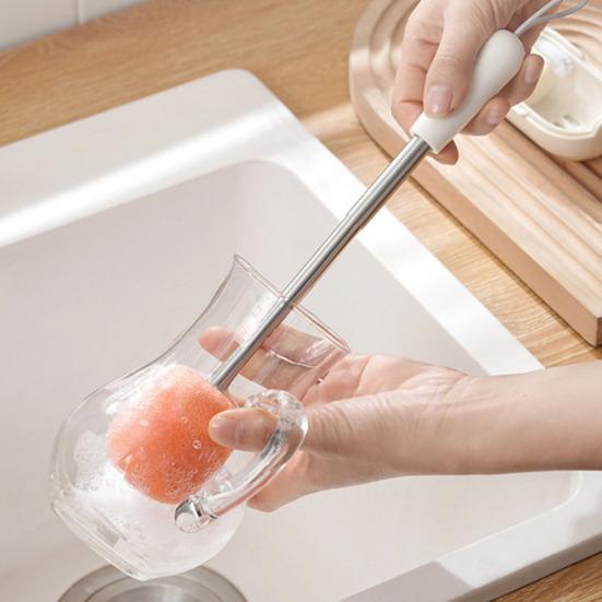 Spazzola Pulizia Portatile con Manico Estraibile Pulitore All-in-one per Bottiglie e Tazze Spugna Pulente per Contenitori Profondi