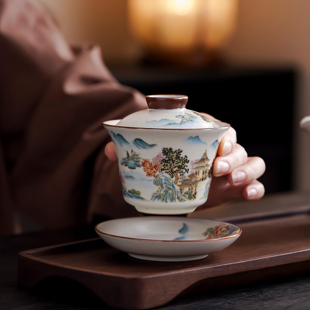 Kung Fu Tee-Set Ru Ofen Prachtvolle Berge und Flüsse Teekanne Deckel Schale Komplettes Set Geschenkbox Geschäftstreffen Veranstaltungsgeschenke