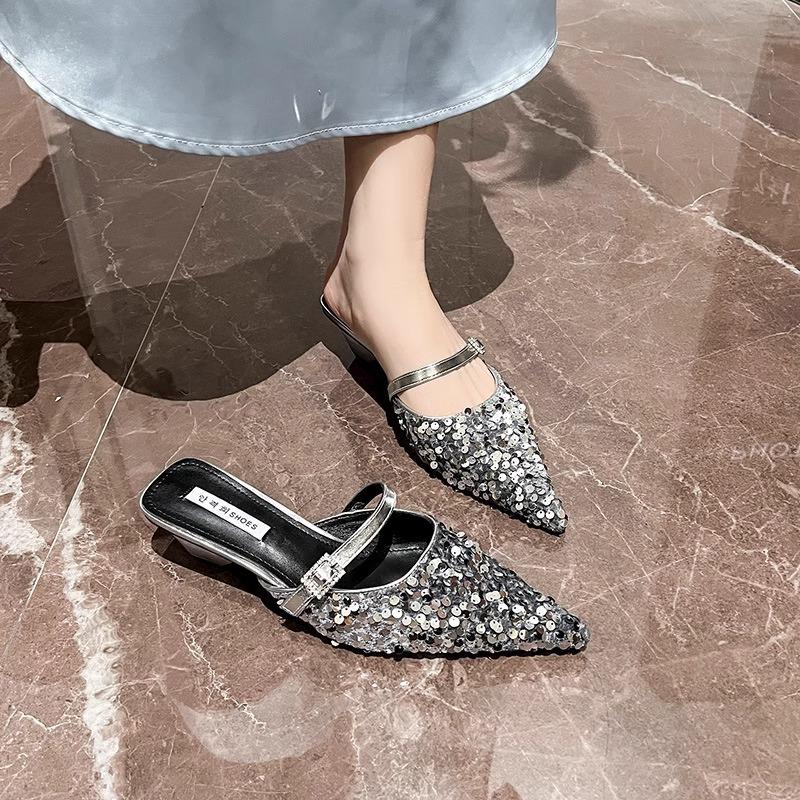 High Heels Women's Summer New Bag Head Sequins Pointed One-word Buckle Sandals Thick Heel Outer Slippers