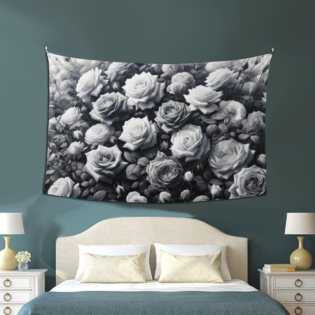 Florale Blume Wandteppich Aschgrauer Hintergrund Wandkunst Rosen Wandteppiche Pflanze Botanisch Natur Wandbehang Schwarz-Weiß Stil