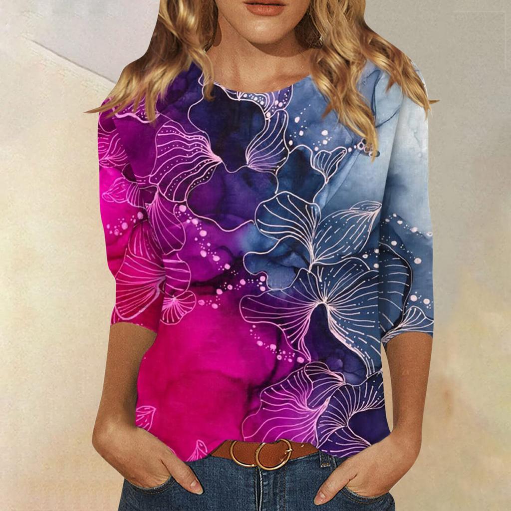 Vår och Höst Rundhals Blommönster 3D Kreativ Personlig Färgglad Tryckt Topp Trendig Casual Långärmad Dam T-shirts
