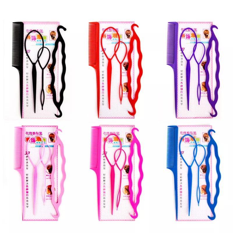 Korean Style Hair Styling Tool Set - 4-Piece Double Hook Pull Needle & Curly Hair Bands In Four Colors