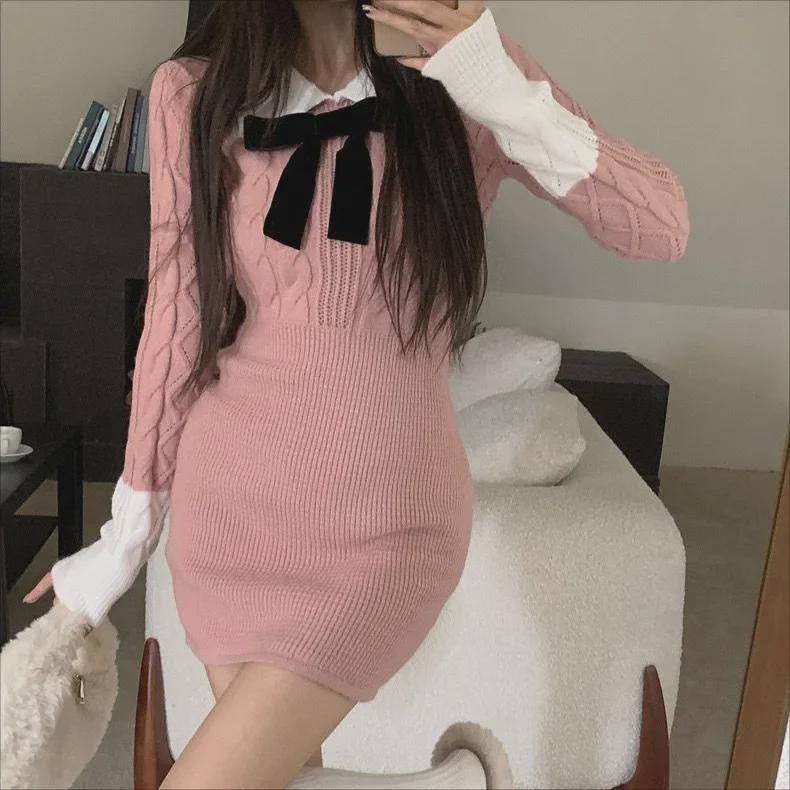 2022 New Women's College-Style Long-Sleeve Knitted Skirt - Korean Version for Autumn/Winter