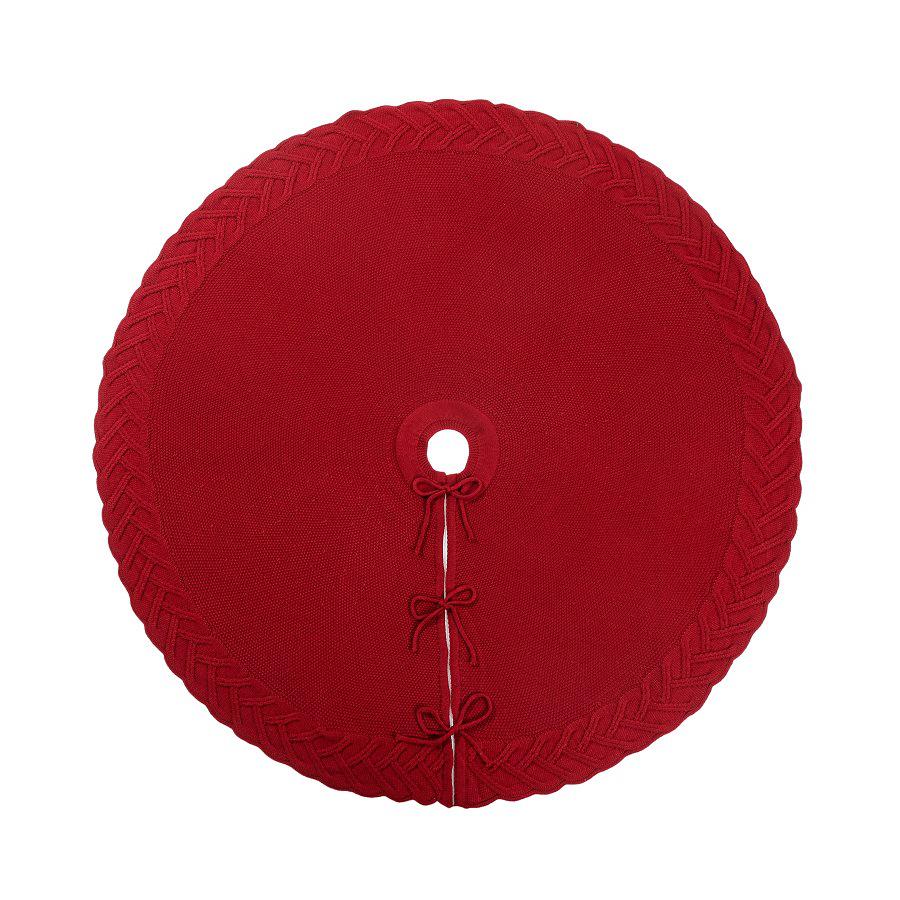 Nordic Style Wine Red Knitted Christmas Tree Skirt with 3D Cable Knit Texture