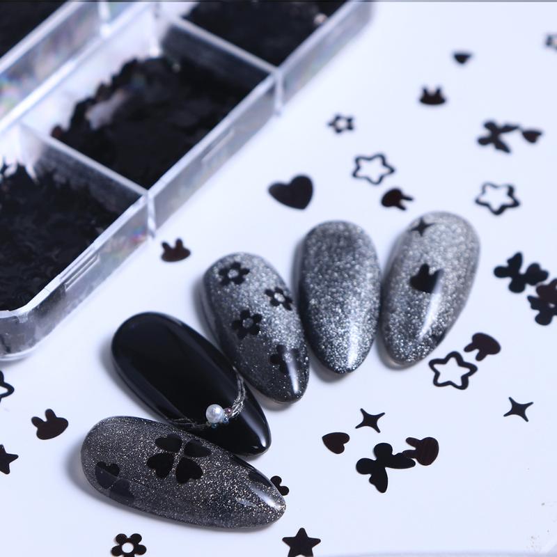 6 Grids Black Heart-shaped Butterfly Star Nail Glitter Mixed Decor Manicure Flakes Paillettes Stunning Seqiuns DIY Nail Manicure