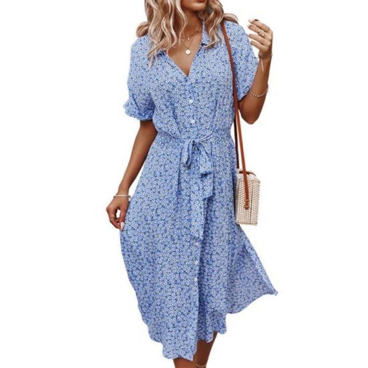 Floral Print Sexy V Neck Midi Beach Dress for Women Breathable Cotton Blend M
