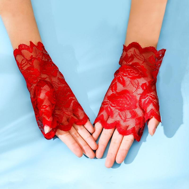 1pair Black Lace Rose Decoration Sheer Breathable Party Gloves