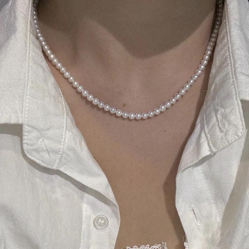 Zhuji Freshwater Pearl Clavicle Chain: 3-4mm Flawless Aurora Pearls with Sterling Silver Clasp - Versatile Summer Jewelry.