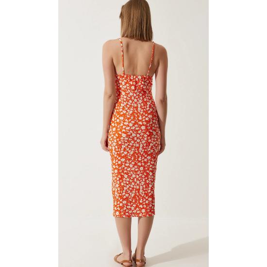 Kadın Oranj Çiçekli Yırtmaçlı Yazlık Örme Elbise Yaz Sezonu Trend Moda