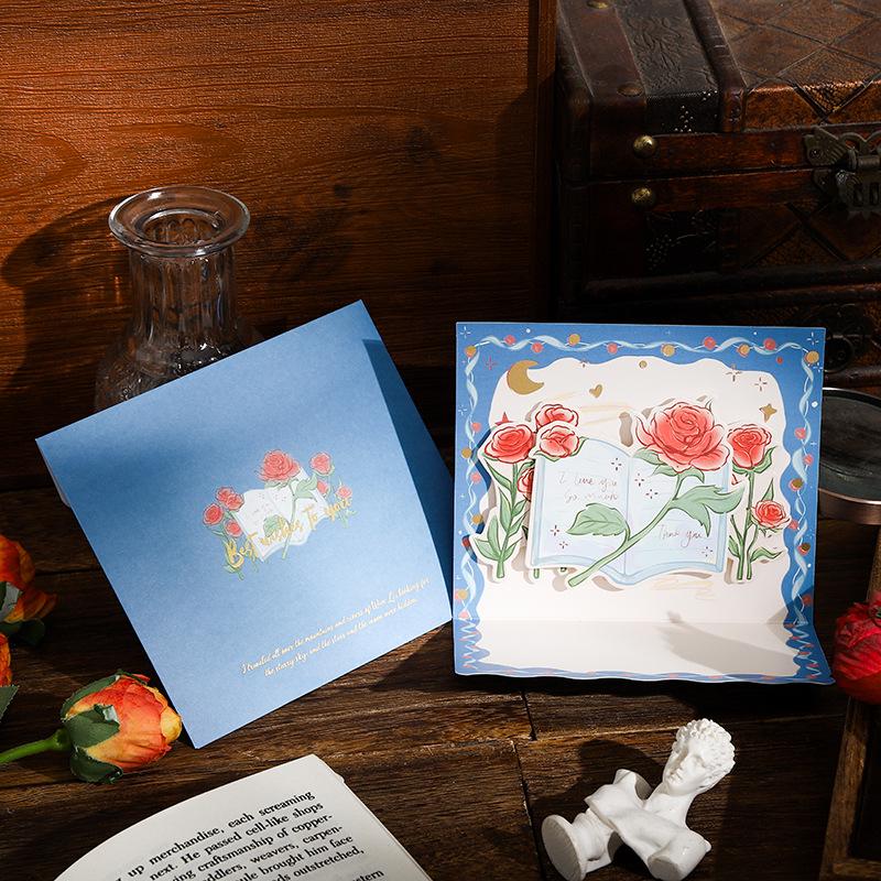 Valentine s Day 3D Rose Girl Greeting Card Set with Hot Stamping Envelopes