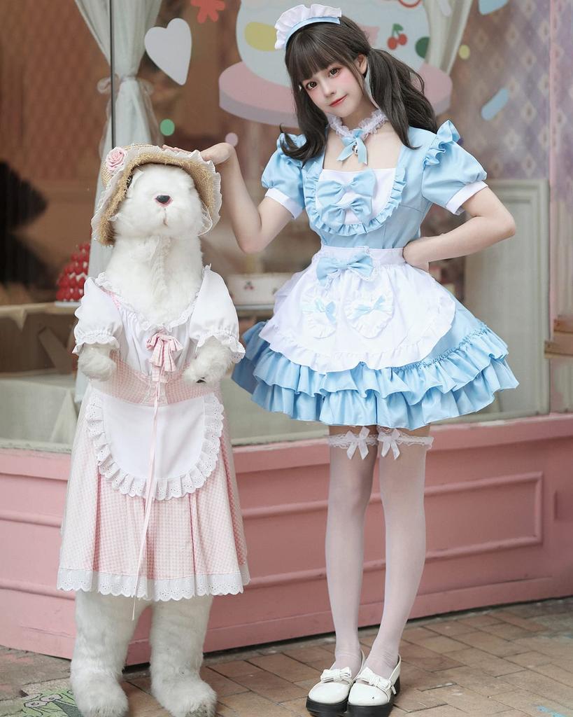 Milky Time Women's Lolita Maid Cosplay Dress, Short Sleeves, Ribbon, 4 Colors (Blue)