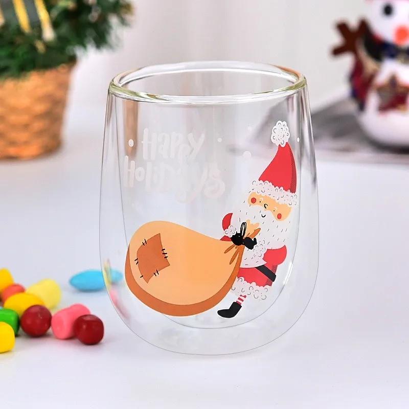 

JUSTINLAU Christmas Double Wall Glass Cups Santa Claus Pattern Heat-resistant Water Cup Home Milk Coffee Mug Xmas Gift Drinkware 300ML