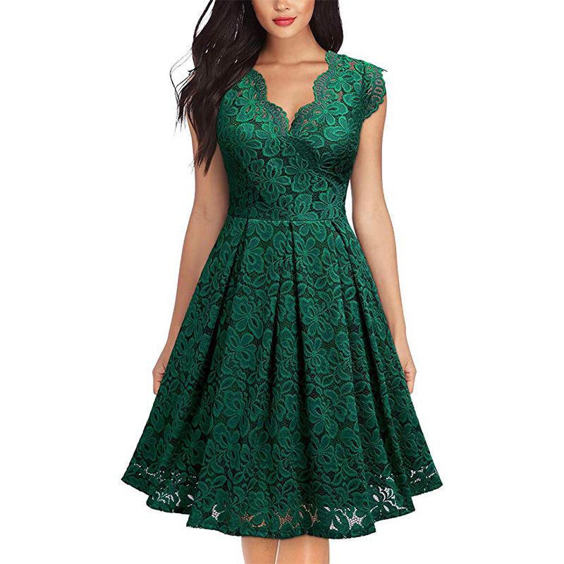 2024 Retro Lace V-Neck Sleeveless Cocktail Dress with Big Swing