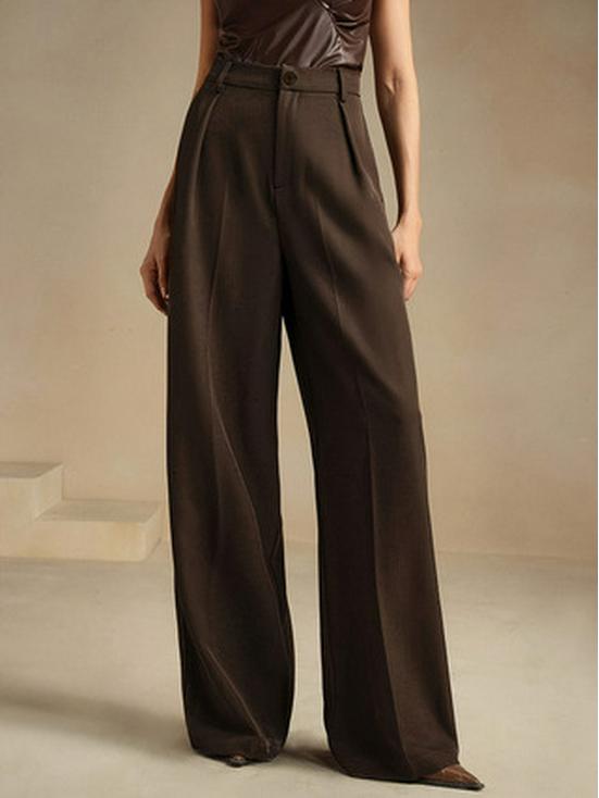 Pantaloni da completo da donna a vita alta, stile europeo/americano, marroni, drappeggiati, a gamba larga, 2026