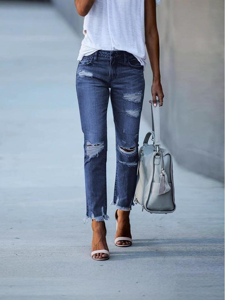 Women's Slim Fit Ripped Straight Leg Jeans - Solid Color, Versatile Style