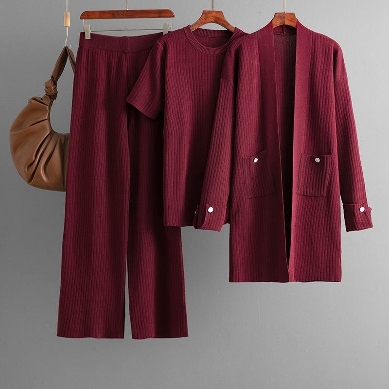 Fashion Suit Women's Autumn and Winter Short-sleeved Top Medium and Long Cardigan Jacket Wide-leg Pants Three-piece Set