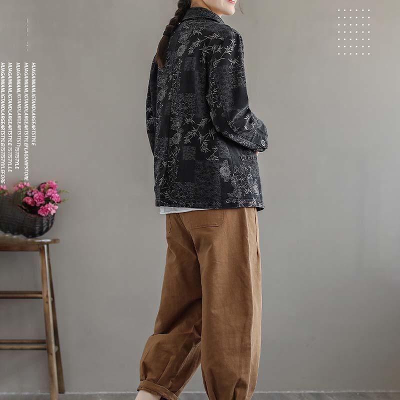 Blazer Imprimé Rétro pour Femmes Veste Courte Fine à Manches Longues Coton Décontracté Ample Manteau Printemps et Automne Commute Version Coréenne Style Harajuku