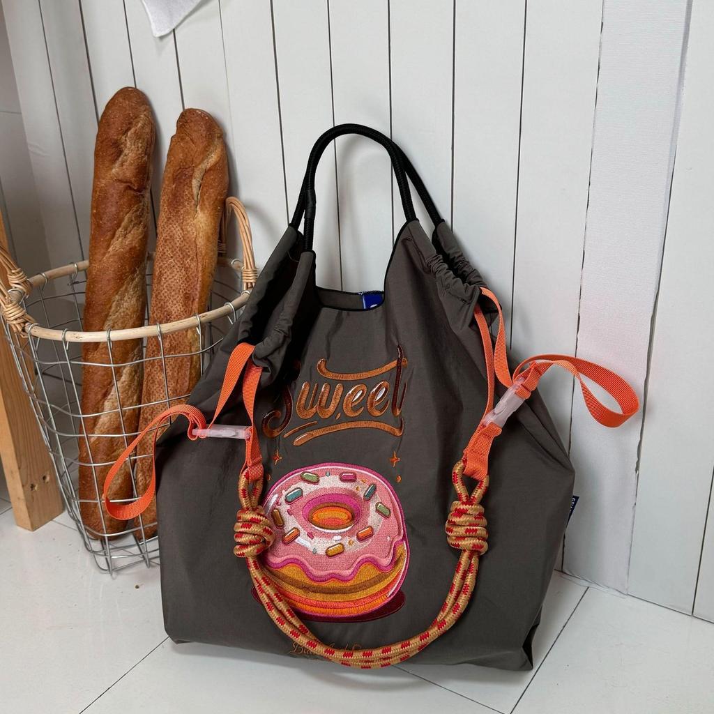 Japanese Style Handmade Waterproof Nylon Canvas Bag with Embroidered Patterns, Large Capacity
