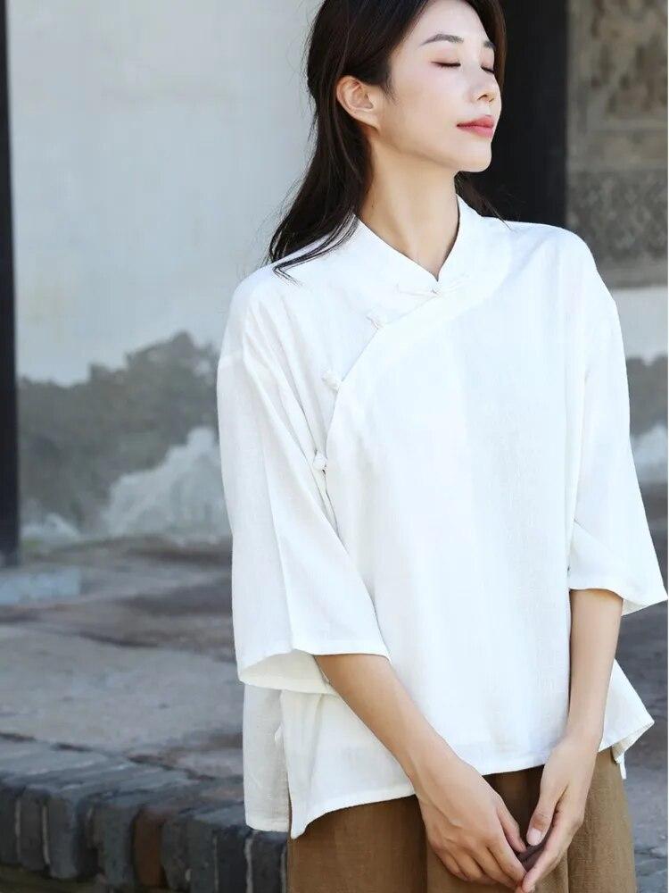 Johnature Jesienna kobieta, jednorzędowa, lniana koszula w stylu vintage z klamrą, modny kołnierzyk z długimi rękawami, luźna koszula na co dzień