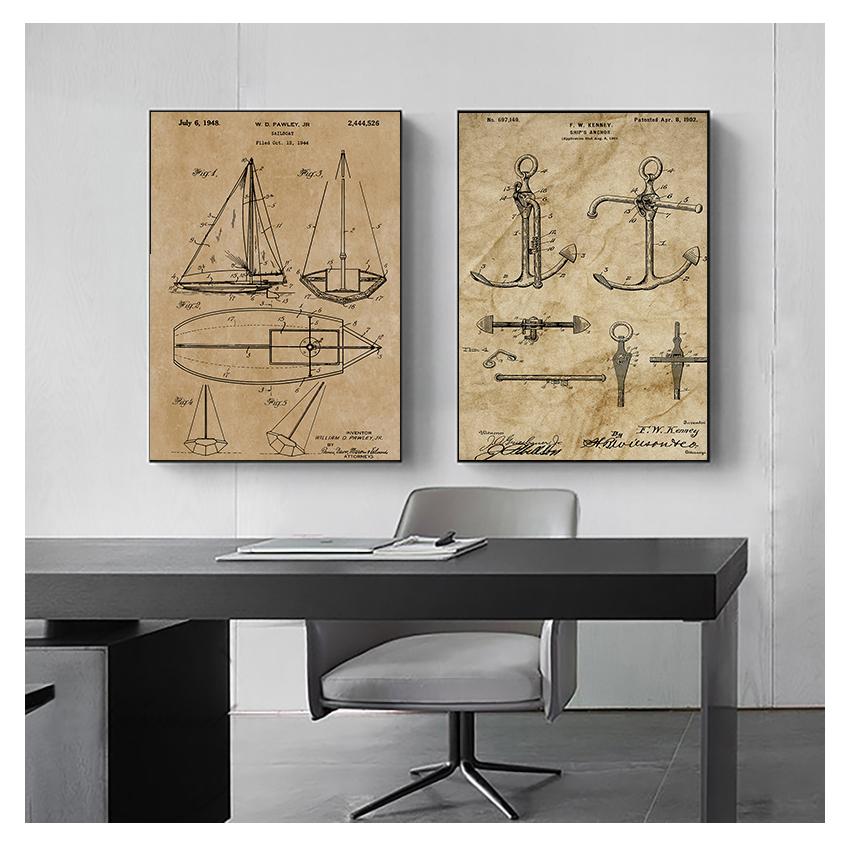Poster Sailor Gifts , Yacht Anchor Ship  Wheel Sailing Blueprint Nautical Wall Art Canvas Painting Sailboat Patent Print Vintage