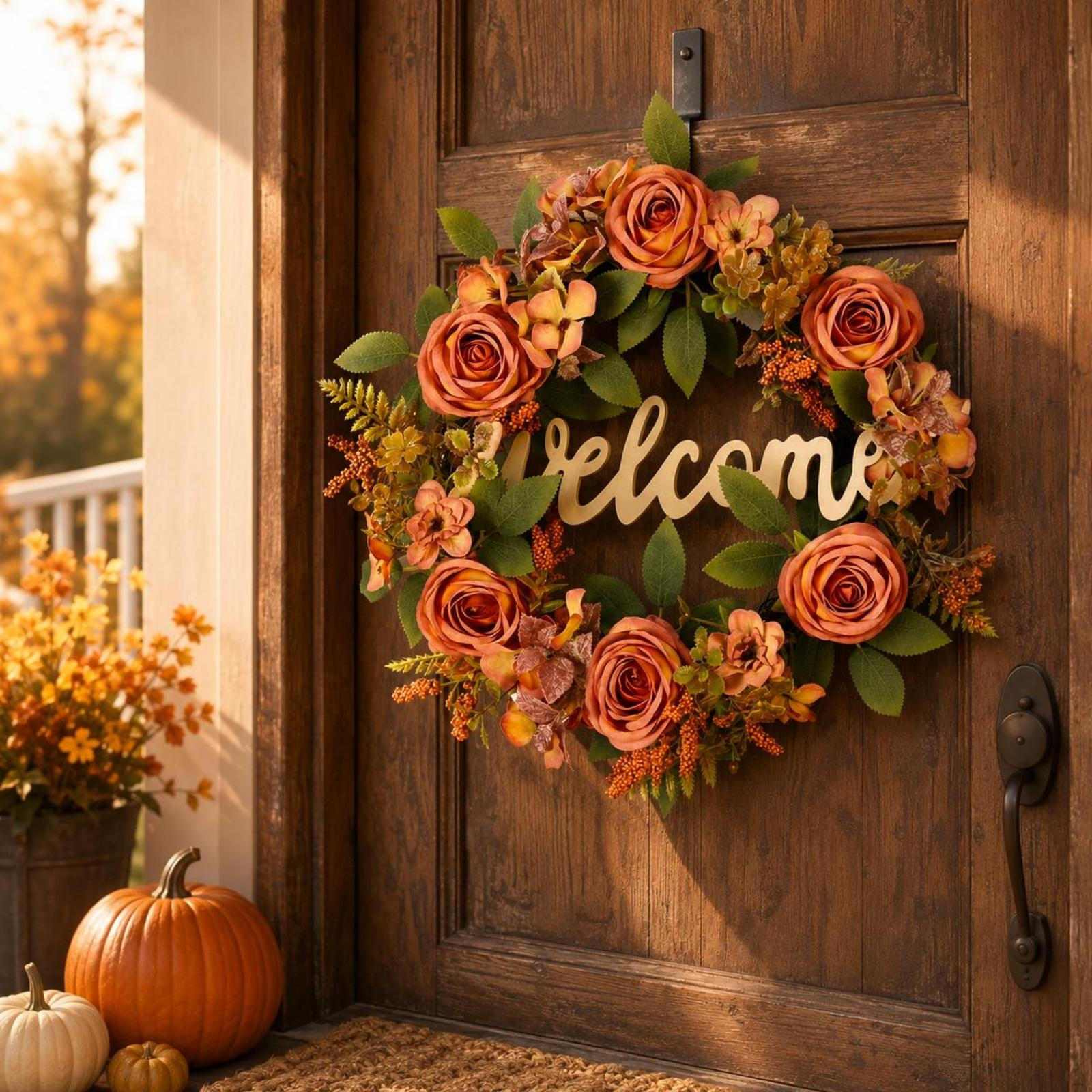 Pink Rose Wreath Green Leaves Artificial Round Wall Hanging Welcome