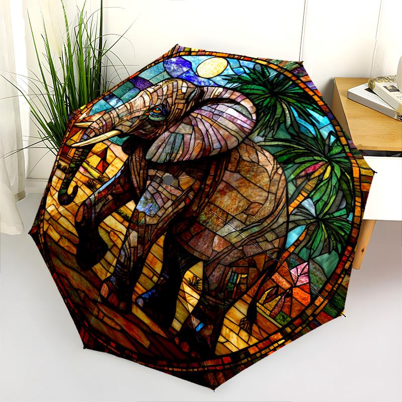0106 Parasol automatycznie składany, wzór Słoń w oknie szklanym, przenośny i składany design, 8 żeber, prezent na Boże Narodzenie lub urodziny.