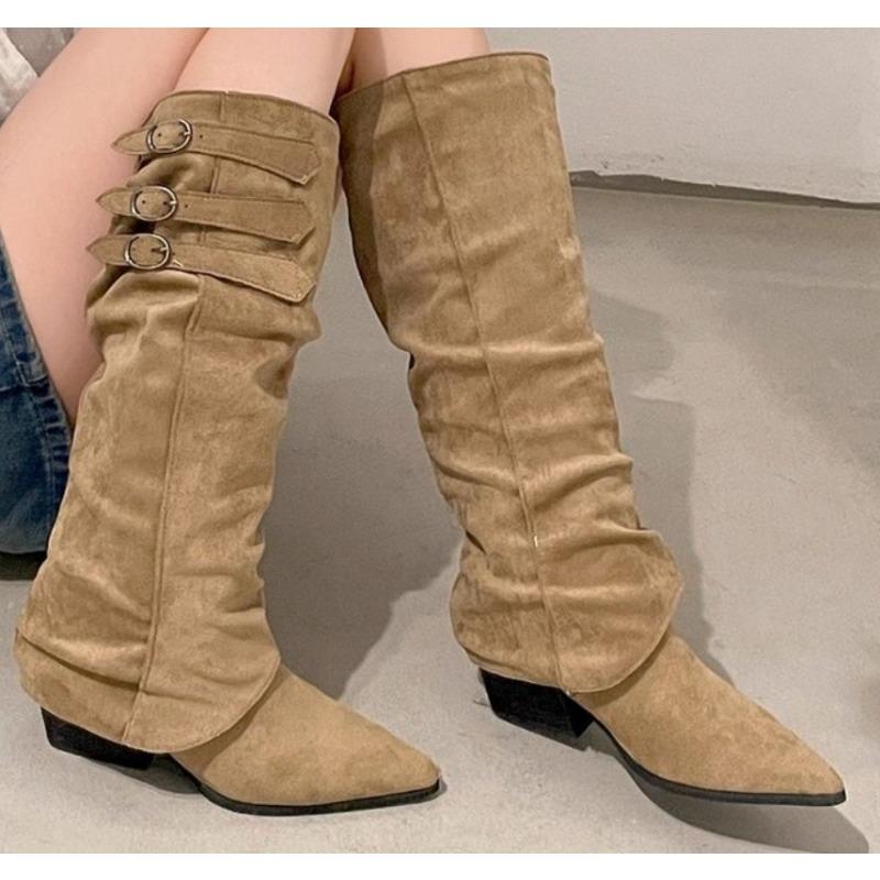 New Style Women'S High Quality Slip On Women'S Boots Autumn Pointed Toe Solid Buckle Decoration Mid-Calf Mid Heel Western Boots