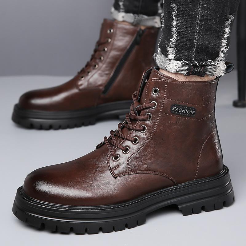 2026 Autumn Winter New Work Boots for Men Fashion Causal Leather Cotton Shoes Male Retro Solid Color Platform Ankle Boots Man