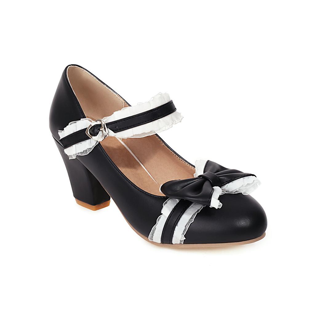 Autumn New Women's High Heels Sweet Lace Bow Princess Fashion Party Shoes Buckle Thick Heels Ladies Wedding Pumps Size 32-48