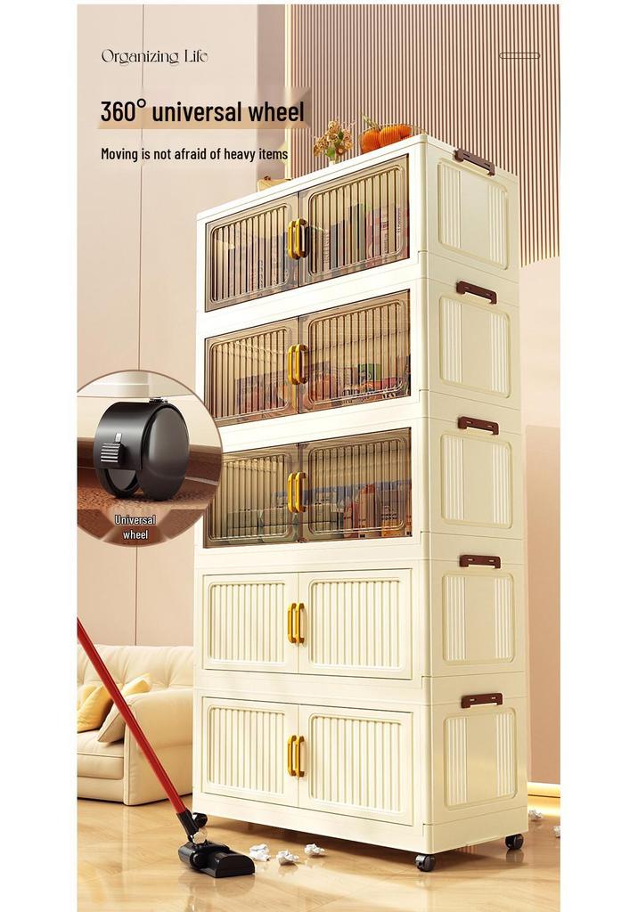 40-60cm Wide Transparent Foldable Double Door Floor Storage Cabinet with Multiple Layers