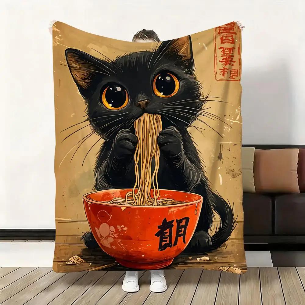 Black Cat Ramen Soft Flannel Blanket  Oversized Warm SkinFriendly Throw for Sofa Bed Office Travel  Winter Comfort