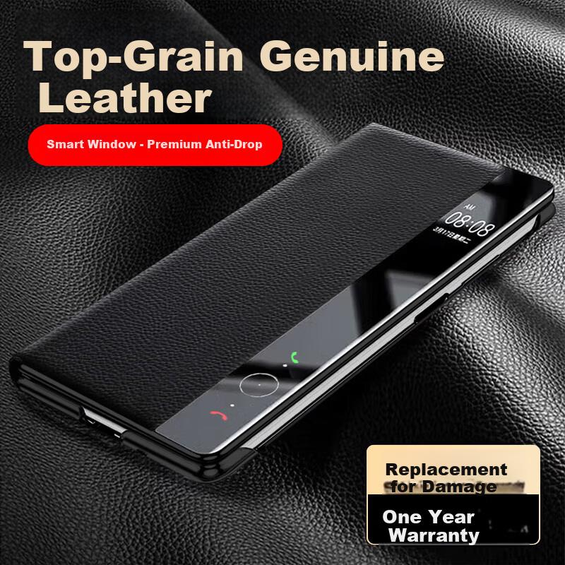 Edgar First Layer Genuine Leather Huawei Pura70pro Phone Case Leather Flip Smart Window Glass Luxury Full Coverage Shockproof Case
