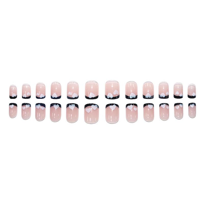 Sweet & Cute French Tip Black Heart Edge Short Wearable Nails