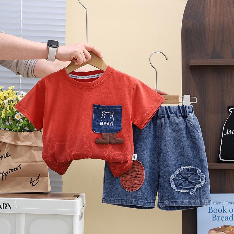 Boys' Summer Denim Shorts & T-Shirt Set - Kids' Casual Crew Neck Two-Piece Outfit