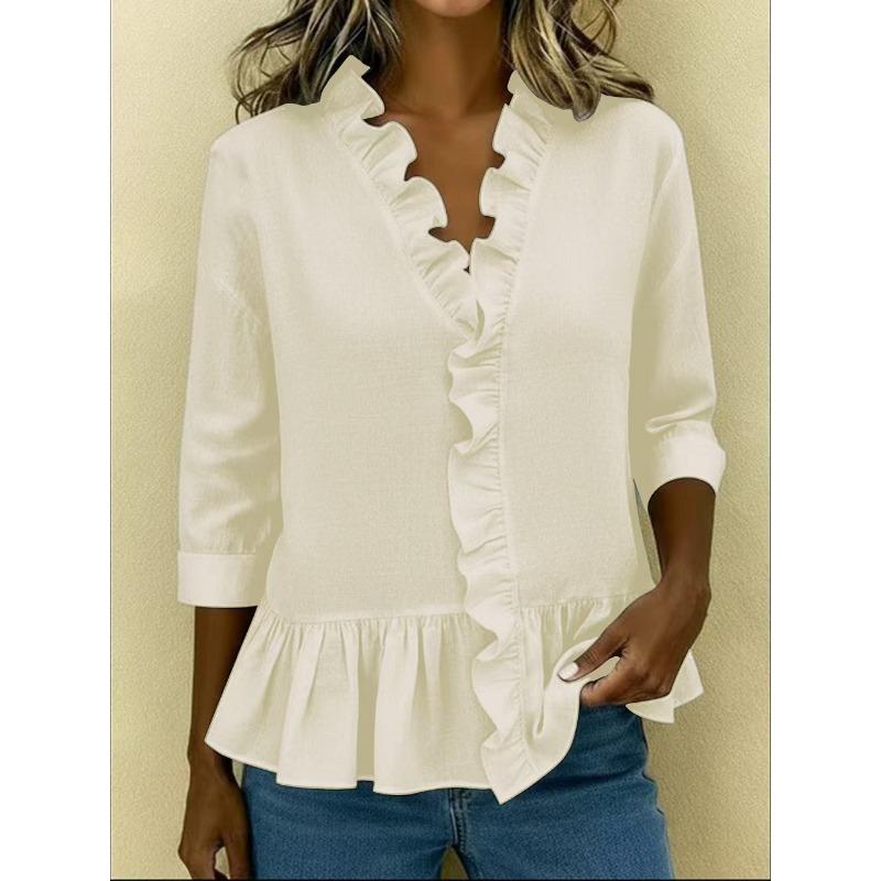 Summer New Women's Solid Color Ruffled T-shirt for Women Casual Three-quarter Short-sleeved Shirt for Women