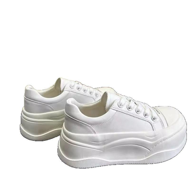 Leather Thick-soled Heightening Little White Shoes Women's Spring 2025 New Big-headed Bread Shoes Versatile Lace-up Casual Board Shoes