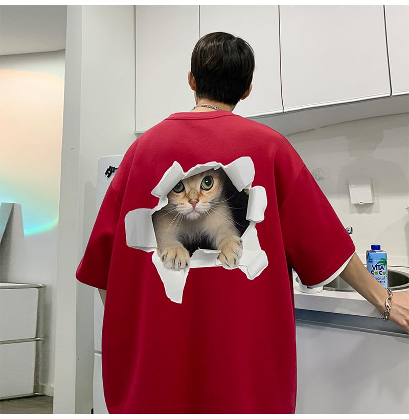 BUTMYJ Summer Cat Print Cute and Funny 3D Cat with a Lively Cat Back Plus Round Street Loose Solid Short Sleeves Men's T-Shirt, T-Shirt Print, Sizes,
