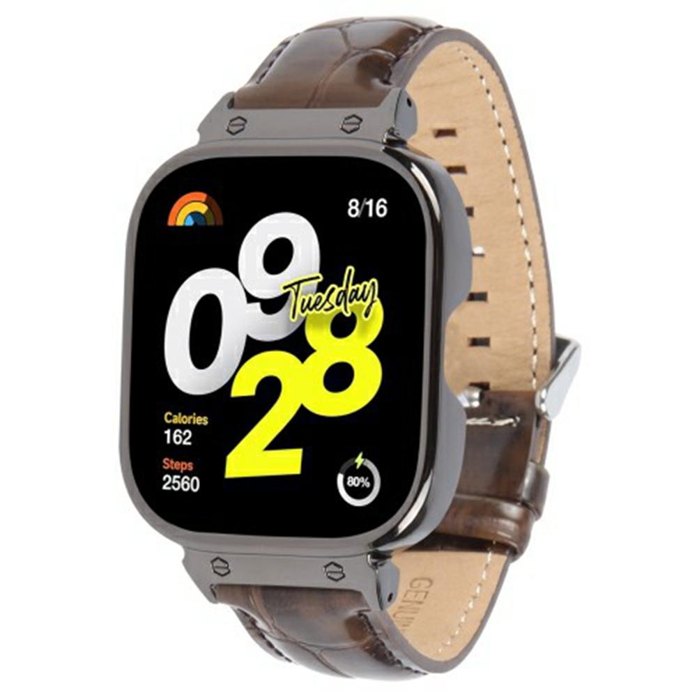 

For Xiaomi Redmi Watch 4 Genuine Cow Leather Replacement Strap with Black Metal Watch Case H