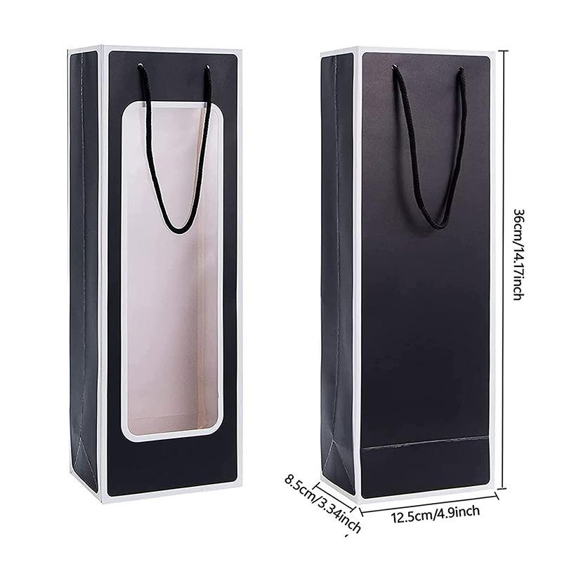 10pcs Red Wine Paper Bag Handbag Window Transparent PVC Kraft Paper Wine Handbag Flower Doll Rectangular Gift Packaging Bag