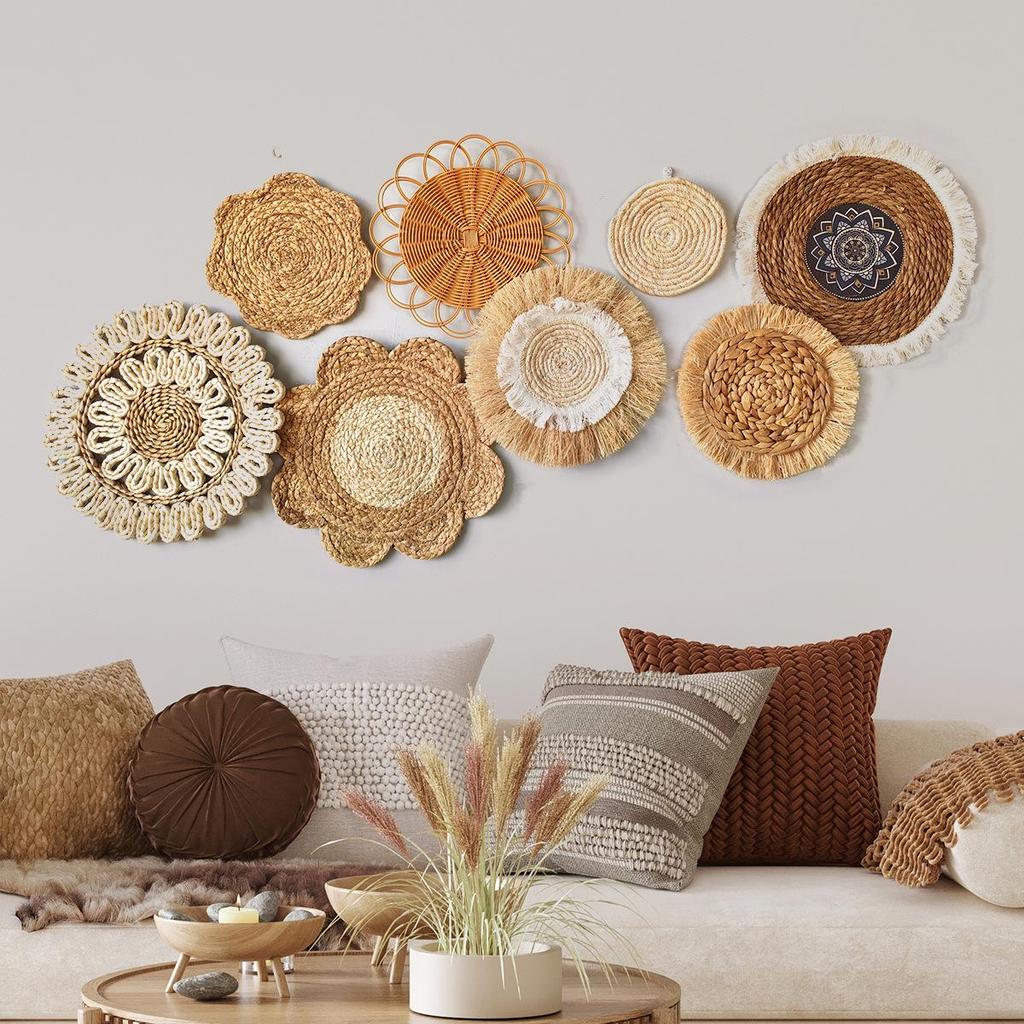 Bohemian Round Woven Straw Wall Decor for Bedroom or Dining Room