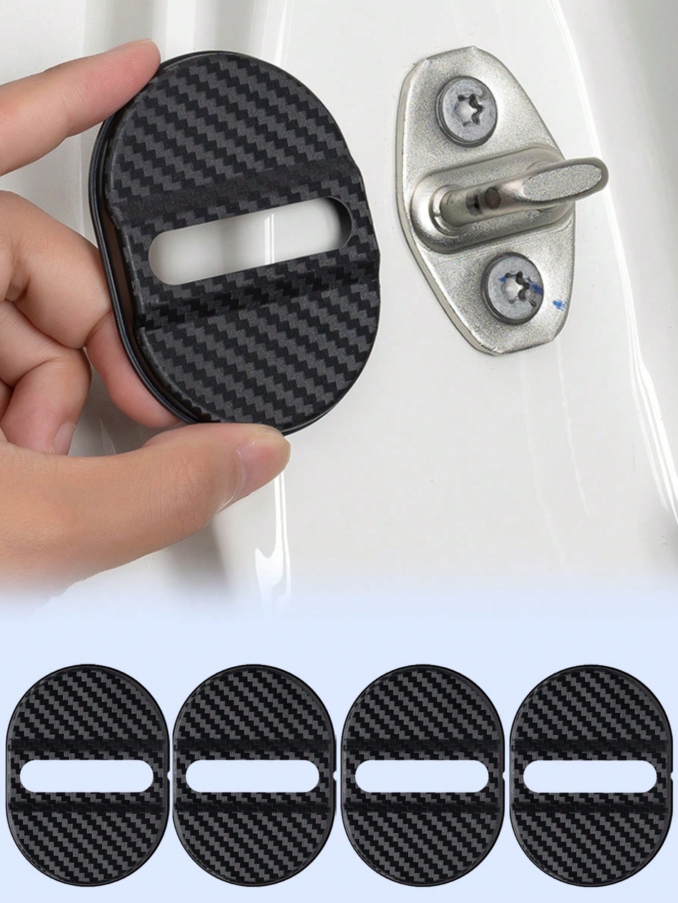 

4Pcs Carbon Fiber Door Lock Covers – Universal Shock-Absorbing, Noise-Reducing, Rainproof, Easy Peel & Stick Fit for Sedans/SUVs