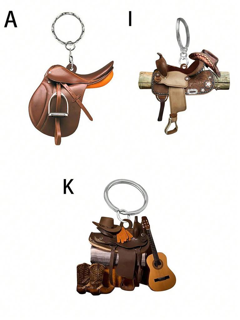 1 Pc Western Cowboy Saddle Acrylic 2D Keychain Pendant Personalized Decoration Universal Men's and Women's Flat Keychain